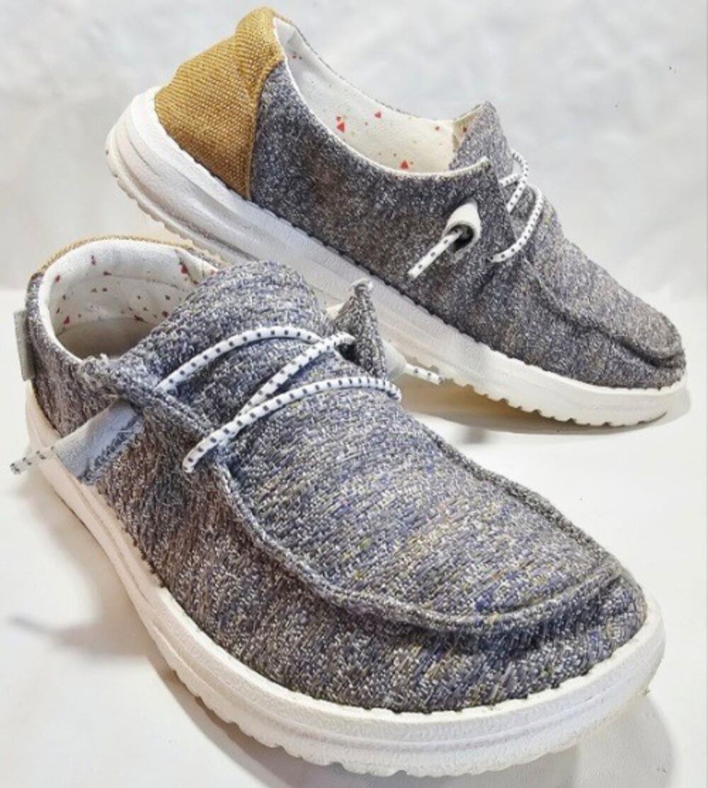 Hey Dude Wendy Mustard Mix Speckled Gray Shoes Womens Sz 5 Light Slip On Loafer
